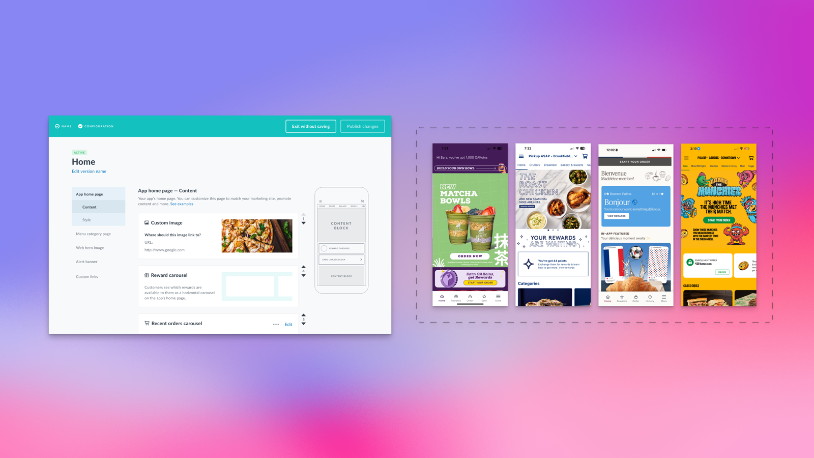 The CMS homepage editor, and four brands' apps each running their own configuration